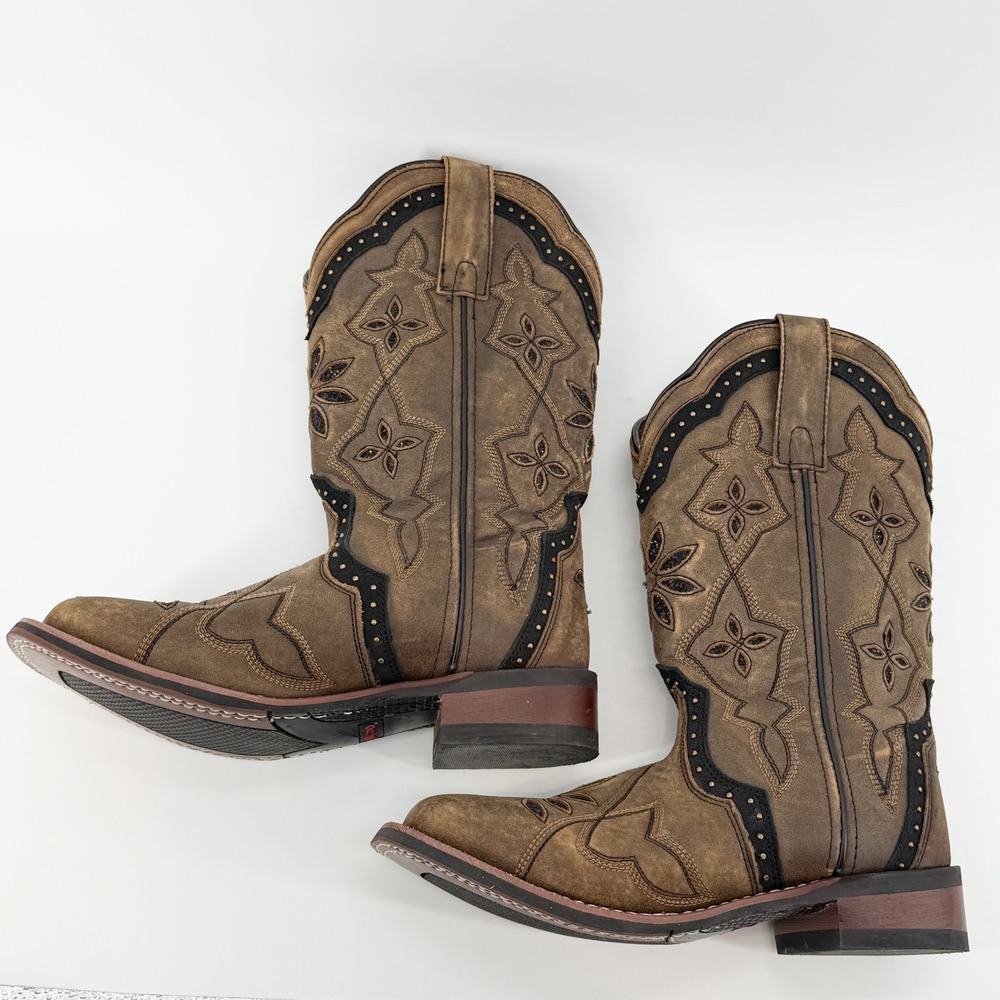 Laredo 5844 Womens Bouquet Square Toe Western Boot Honey Leather Studded 8 M - Picture 8 of 16
